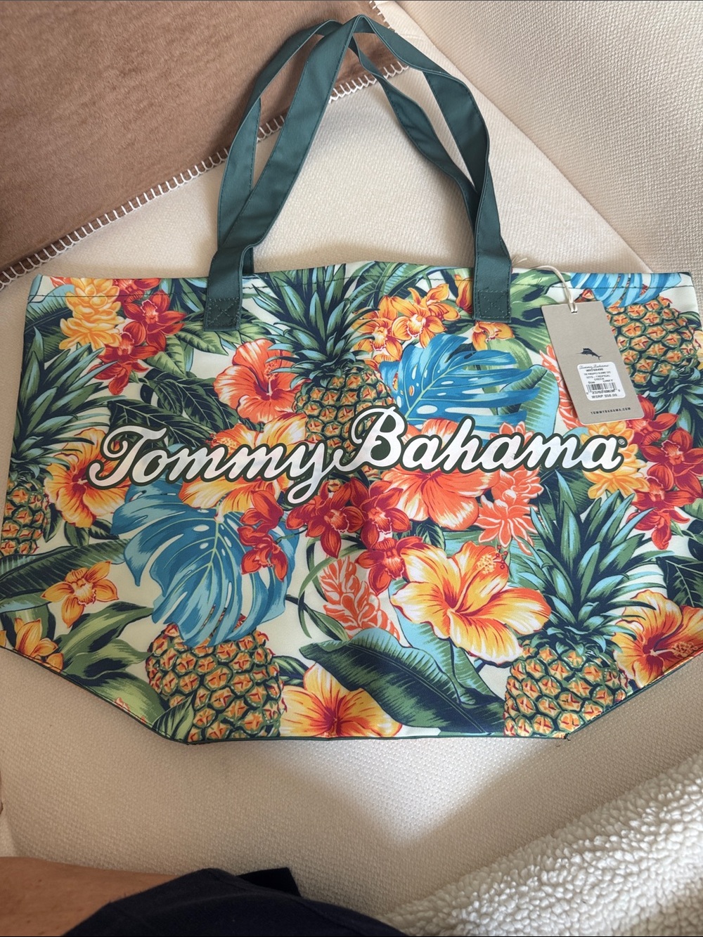 Tommy Bahama Tropical Pineapple Floral Canvas Tote - Green Handles